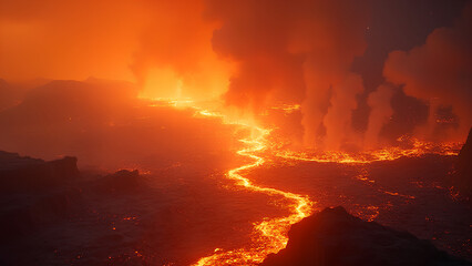 Obraz premium A Volcanic Magma Flow illustration with molten lava and intense heat radiating from the earth
