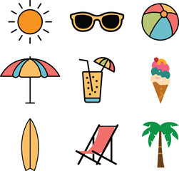 Summer clipart icon set vector on white background.