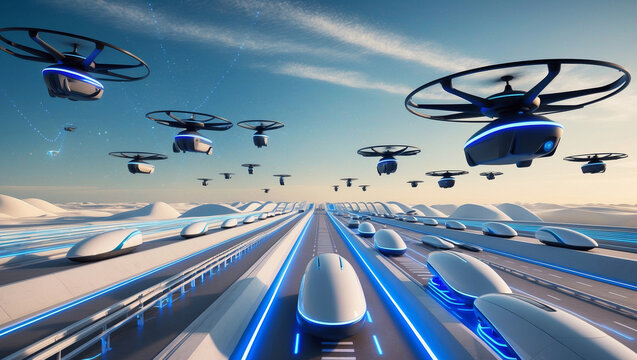 Futuristic aerial transportation system features drones and modulated transport pods