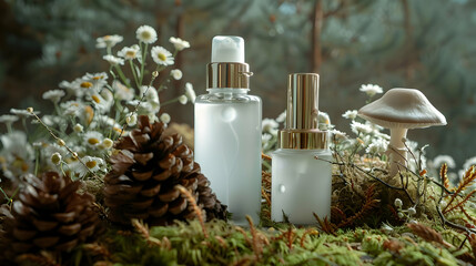 Cosmetics bottles with cream on composition with moss, flowers and pine cones. Mushroom as decoration.