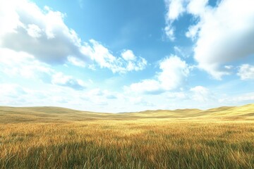 A vast, open field with a clear blue sky and fluffy white clouds
