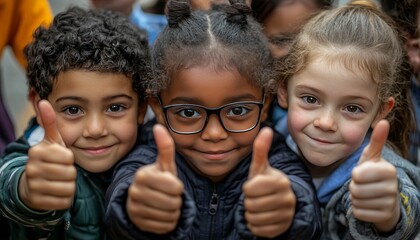 Diverse Group of School Children Giving Thumbs Up in Close Up, Showing Unity and Positivity.
