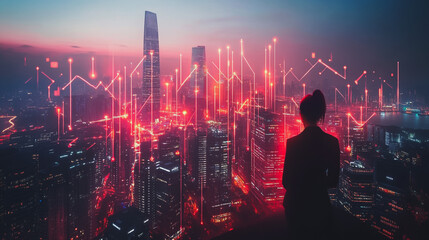 Abstract business man stands on the peak of success amid tall, innovative Smart city and graphs with statistics to analyze business potential and predict future developments in company growth.

