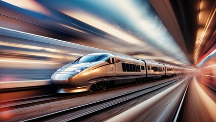 Fototapeta premium High-speed train rushes through urban station during evening commute