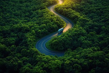 Fototapeta premium Serene Aerial View of a Winding Road Through Lush Green Forest at Sunset with a Lone Truck Traveling