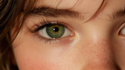 Fototapeta premium Close-up of a young person's eye showcasing vibrant green iris and subtle freckles, perfect for beauty, skincare, or eye health campaigns in marketing or educational materials,