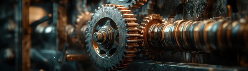 Close-Up of Interlocking Metal Gears in a Machine, Highlighting Industrial Engineering and Mechanical Precision