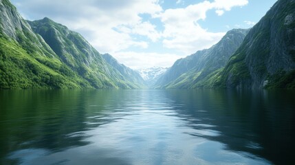 A serene landscape featuring towering green mountains surrounding a calm lake, reflecting the sky, Ideal for nature-related projects, tourism marketing, or backgrounds for relaxation themes,