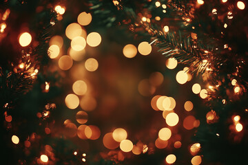 Christmas and New Year's card: vibrant festive background with pine branches and bokeh lights, in the center empty space