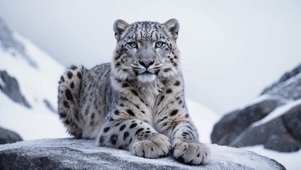 Obraz premium Snow leopard resting on a rocky surface in a snowy mountain environment