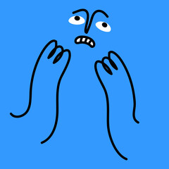 Abstract cute doodle face emoji with fear face emotions. Colorful avatar design face doing funny hand gesture and emotion in simple doodle art style