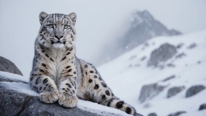 Fototapeta premium Snow leopard resting on rock in snowy mountain landscape
