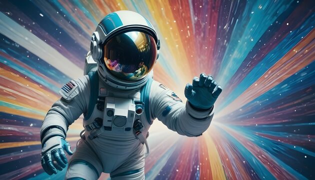 Un astronauta futurista con un traje espacial flotando en un entorno espacial colorido y abstracto con un efecto de arco iris en el fondo