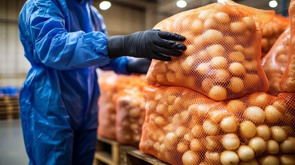 Warehouse worker handling bags of potatoes in food processing facility