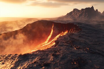 A lava flow is seen in the distance, with a mountain in the background