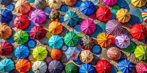 Aerial View of a Colorful Umbrella Pattern Creating a Vibrant Mosaic Overhead, Showcasing a Playful Arrangement of Various Umbrellas on a Sunny Day