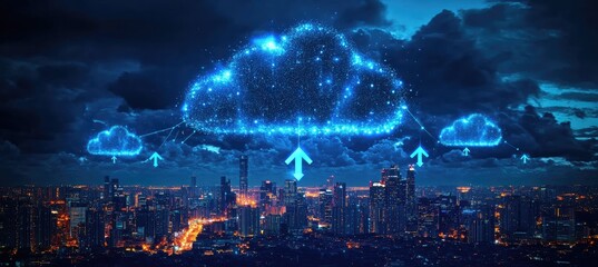 A digital cloud concept over a city skyline, symbolizing data transfer and technology.