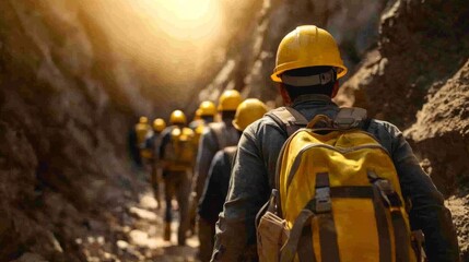 Fototapeta premium Workers wearing yellow hard hats and working, walking through the mine with backpacks on their backs, rear view 