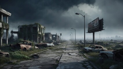 Desolate urban landscape with abandoned cars and crumbling buildings after disaster