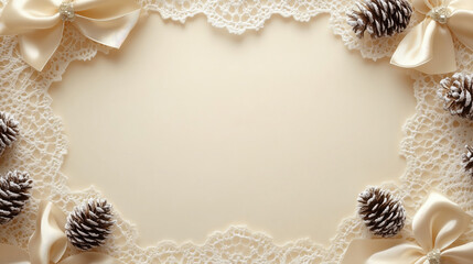 Festive delicate white and pink Victorian style Christmas background with pine cones, bows, flowers and snowflakes.Airy winter frame for holiday cards, invitations or product displays