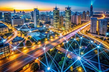 Fototapeta premium Aerial View of a Digital City with Data Streams, Drones, and 3D Renderings Illustrating the Movement and Connectivity of Big Data in Urban Environments