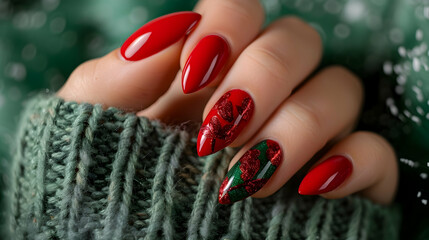 Christmas manicure. Red nails on green background.