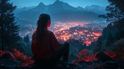 Obraz premium Solitary Woman Contemplates Illuminated Cityscape from Remote Mountaintop at Twilight