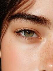 Obraz premium Close-up of a woman's eye showcasing vibrant green hues and freckles, capturing natural beauty and detail, Ideal for beauty, skincare, or eye health projects, advertisements, and editorial content,