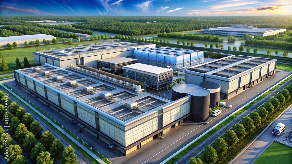 Poster aerial view of a high-tech data center showcasing advanced cooling systems with ducts and vents for 