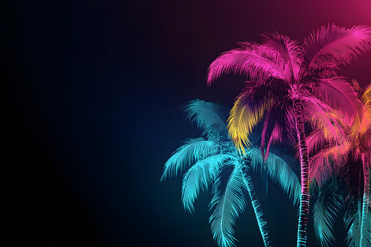 Neon silhouettes of tropical palm trees isotated on black background.