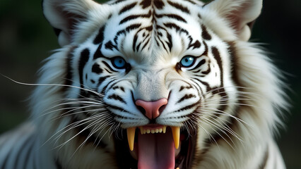 Obraz premium closeup portrait of the face of a snarling white tiger with blue eyes