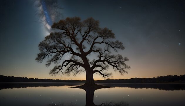 Un &aacute;rbol solitario parado en un lago tranquilo por la noche, con la V&iacute;a L&aacute;ctea visible en el cielo estrellado