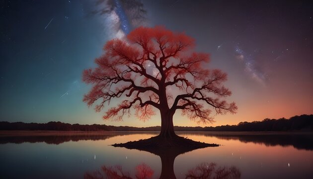 Un &aacute;rbol solitario parado en un lago tranquilo por la noche, con la V&iacute;a L&aacute;ctea visible en el cielo estrellado