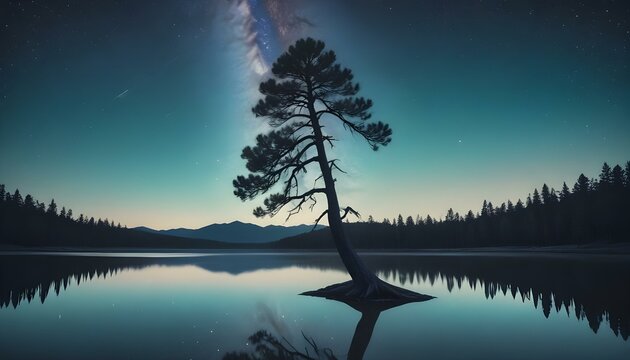 Un &aacute;rbol solitario parado en un lago tranquilo por la noche, con la V&iacute;a L&aacute;ctea visible en el cielo estrellado