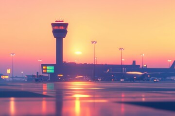 A large airport terminal with a large tower in the background
