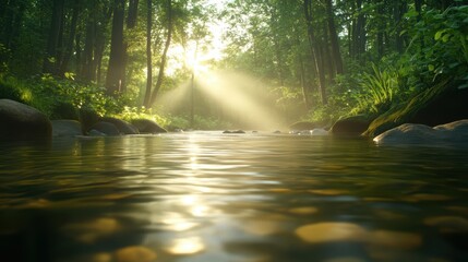 Obraz premium Serene forest scene with sunlight filtering through trees, reflecting on calm water, Ideal for nature-themed projects, relaxation materials, or as a backdrop for wellness content,