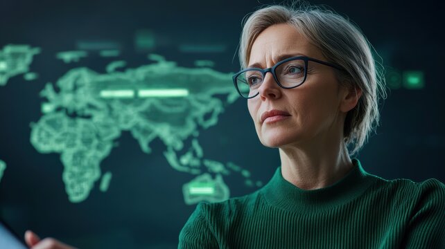 Business Operations Productivity Management concept. Precision planning digital map overlay with supply chain networks, a manager analyzing productivity metrics in the foreground - Powered by Adobe