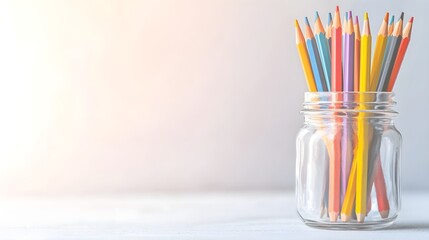 Obraz premium Back-to-school concept, A jar filled with colorful pencils, showcasing vibrant hues against a soft background, ideal for creative inspiration and artistic expression.