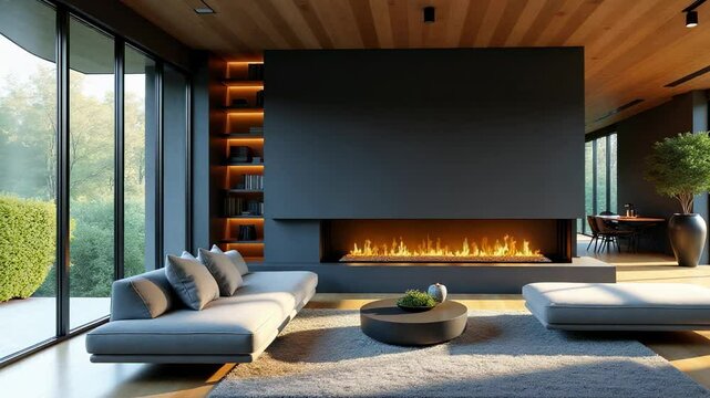 Contemporary living room with sleek linear fireplace and vibrant flames adding warmth to a stylish interior