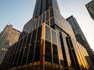 golden rays of morning light illuminate obsidian skyscraper, reflecting warm glow against urban skyline, creating stunning architectural view