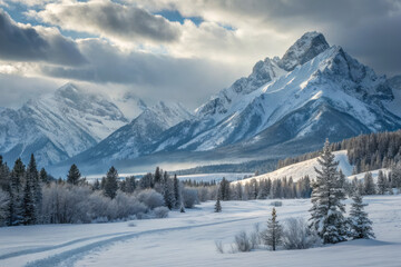Majestic snow covered mountains under dramatic sky create serene winter landscape, with evergreen trees dotting pristine white terrain