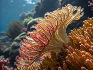 Obraz premium vibrant underwater scene showcases colorful coral reef with intricate patterns and textures, teeming with marine life. coral delicate branches sway gently in ocean currents