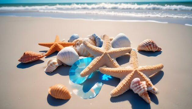 Una estrella de mar y conchas en una playa de arena con un cielo azul claro y el oc&eacute;ano al fondo