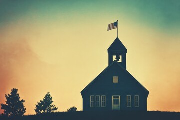 Fototapeta premium A church steeple with a bell and a flag on top