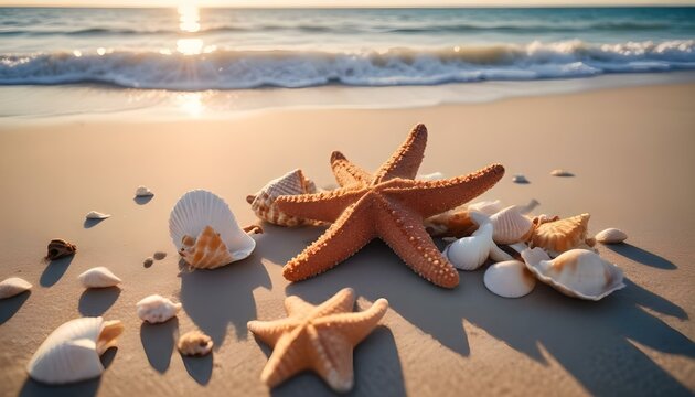 Una estrella de mar y conchas en una playa de arena con un cielo azul claro y el oc&eacute;ano al fondo