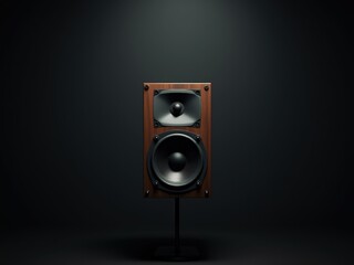 Wooden speaker standing on a stand in a dark room playing music