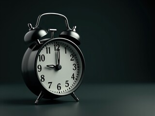 Naklejka premium Black alarm clock showing midnight on dark background