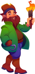 Cartoon pirate character with torch and hand hook. Isolated vector corsair captain personage wearing tricorn hat, searching for treasures on the secret island in a playful adventurous kids story
