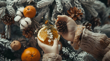 Kids hands decorate Christmas tree with orange slice, dry flowers, pine cones and cotton. Boho design. Close-up.
