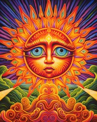 Vibrant sun face, swirling clouds, psychedelic art.